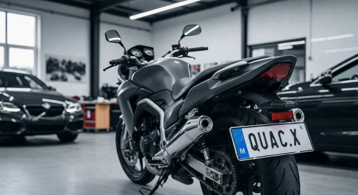 Plaque immatriculation moto personnalisée, format réduit, installée sur l'arrière d'une moto sportive.