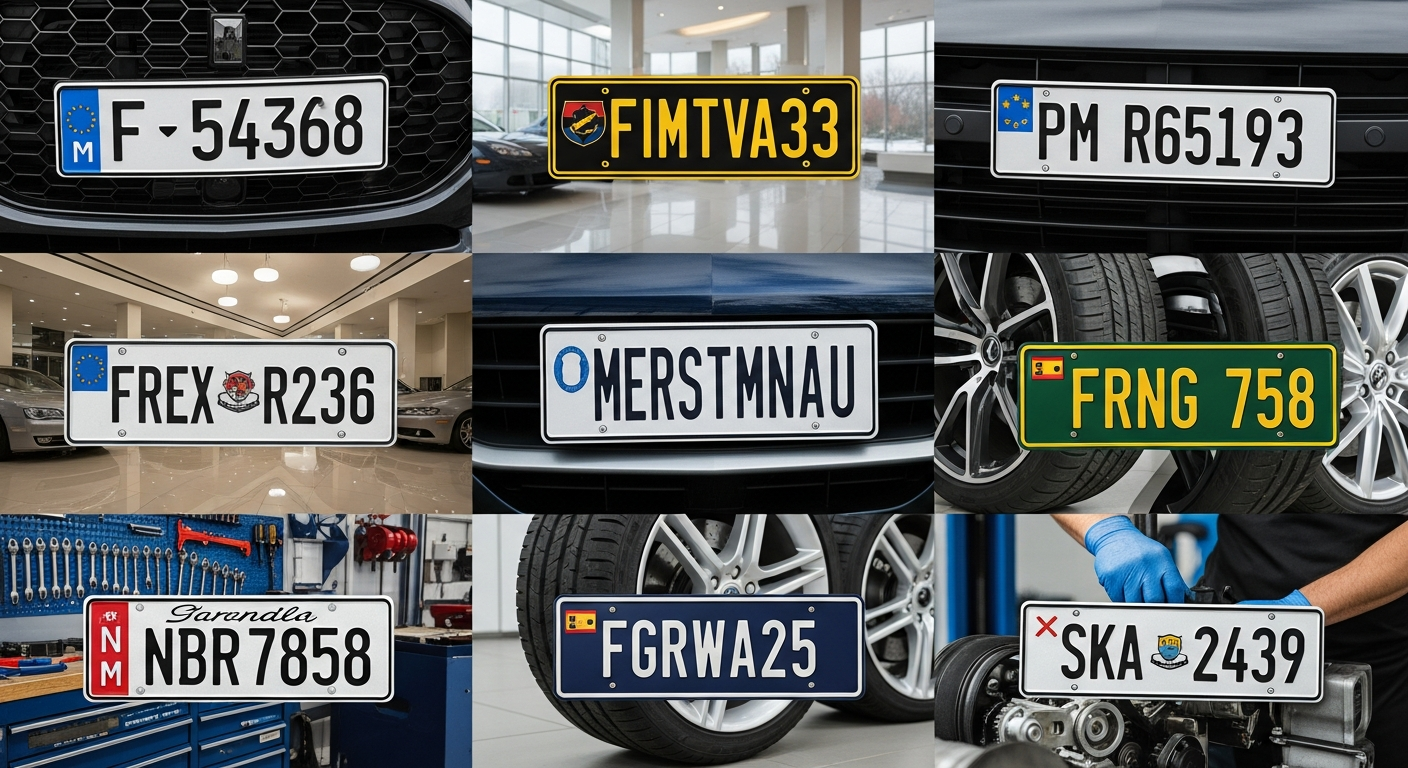 Main tenant une plaque immatriculation personnalisée prête à être installée, avec un véhicule en arrière-plan.